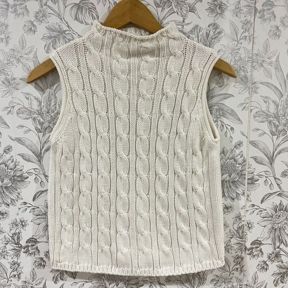 Jeanne Pierre Ivory Cable Knit Cotton High Neck Sweater Vest Womens Med Petite